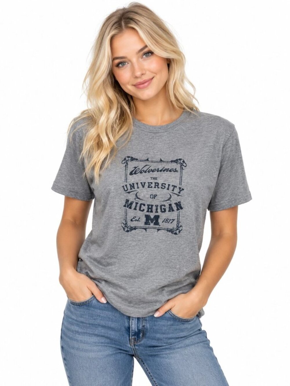 Michigan Wolverines Womens T Shirt Size Medium Gray Tee Blue Sparkle Logo New